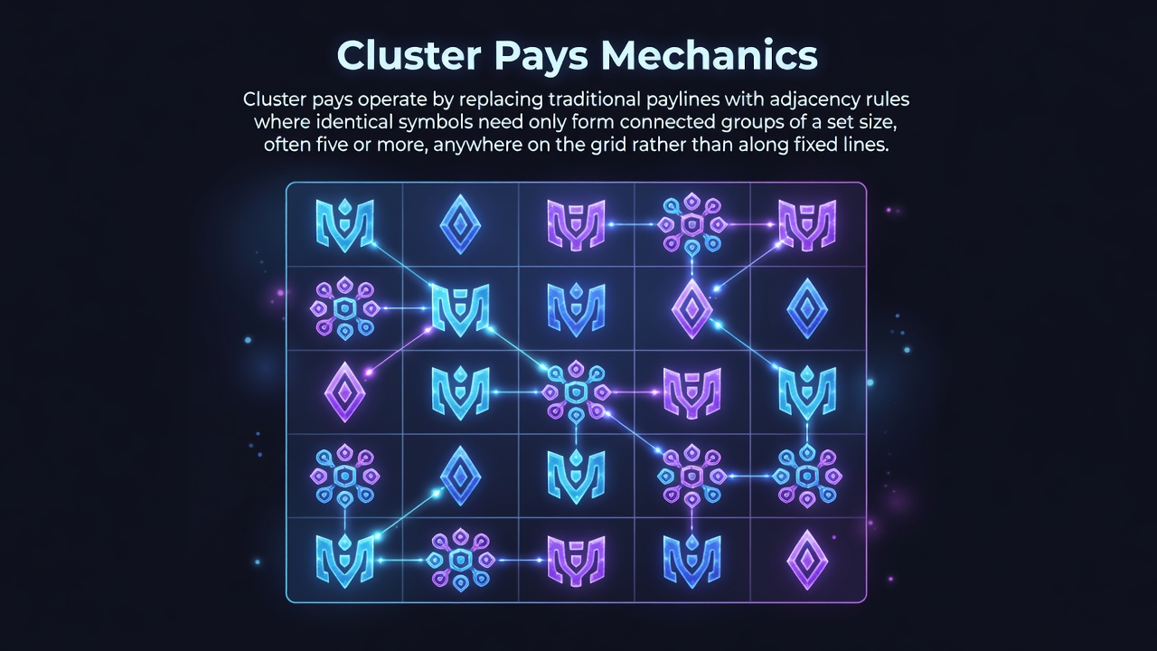 Darstellung eines Slots mit Cluster Pays Mechanik, bei der verbundene Symbolgruppen Gewinne erzielen