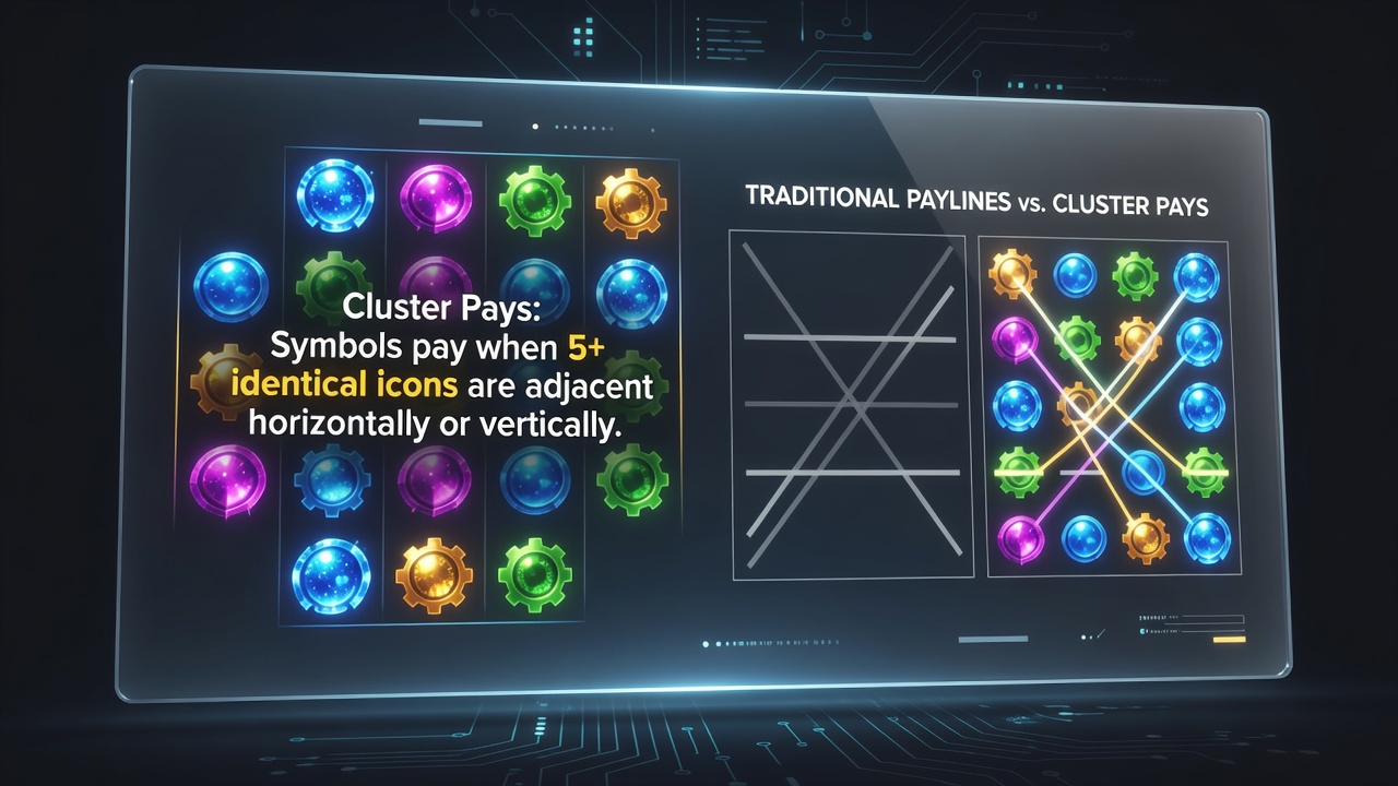 Visualisierung von Cascade-Effekten in einem Cluster Pays Slot mit fallenden Symbolen nach einem Gewinn