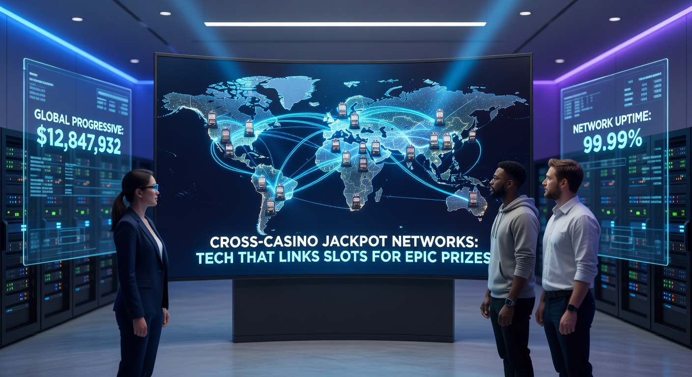 Grafische Darstellung eines vernetzten Jackpot-Netzwerks mit Slots aus mehreren Casinos, die zu einem zentralen Topf beitragen