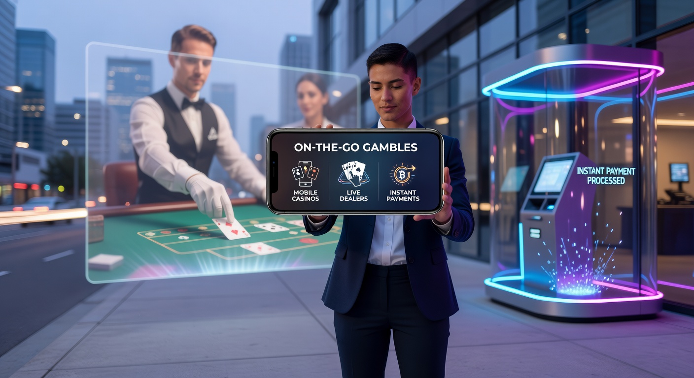 Smartphone mit Casino-App, das Live-Dealer-Spiel und Zahlungsoptionen zeigt, während ein Spieler unterwegs ist