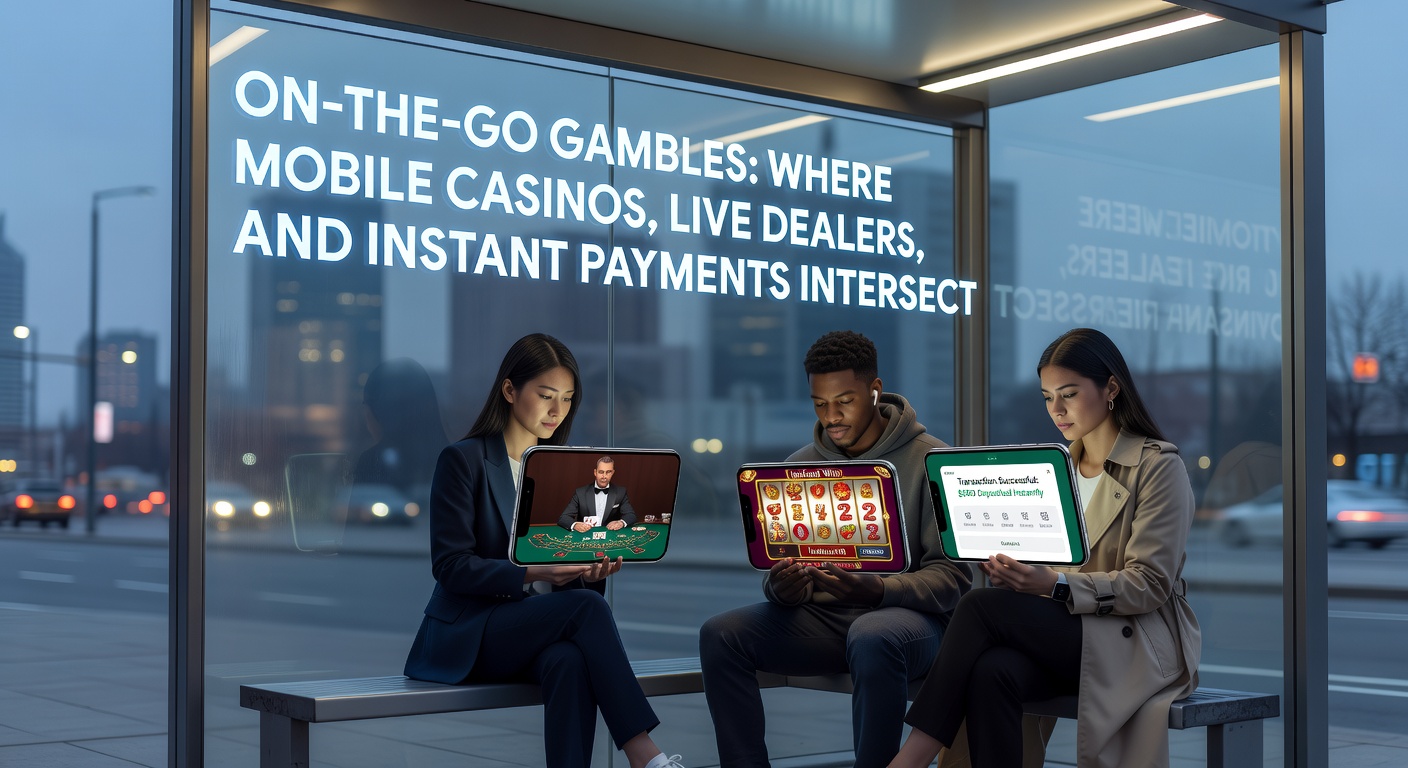 Live Dealer am Tisch mit mobilen Spielern, die Echtzeit-Zahlungen tätigen, umgeben von Smartphones und Zahlungssymbolen