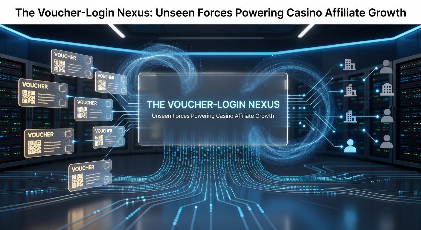 Grafik zeigt vernetzte Voucher- und Login-Datenströme in Casino-Affiliate-Systemen, mit Pfeilen die Wachstumskurven verbinden