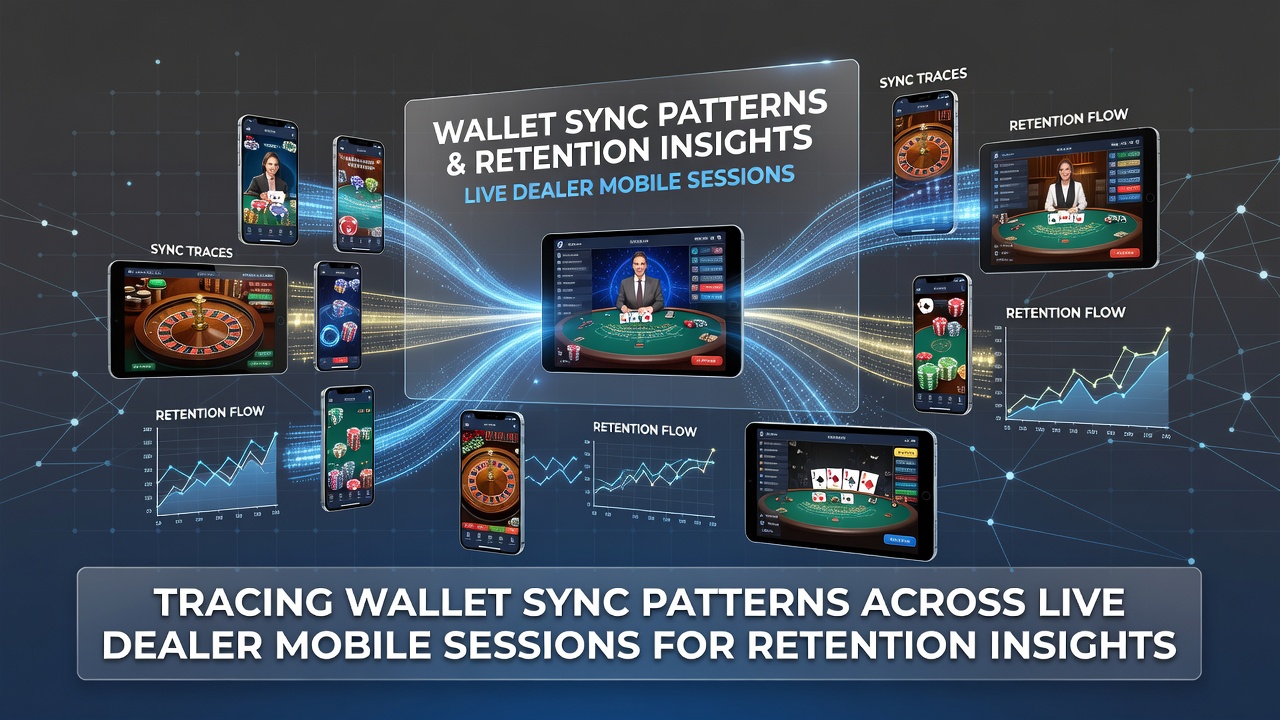 Illustration von Wallet-Synchronisationsprozessen in mobilen Live-Dealer-Sessions mit Diagrammen und Spielerinteraktionen